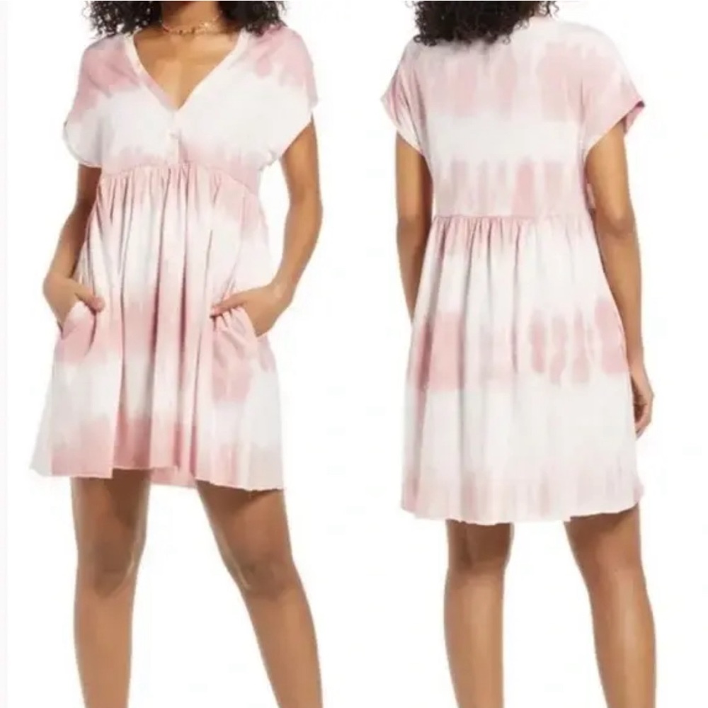 NWT BP. Henley Babydoll Minidress In Pink- Ivory Tie Dye Sz M